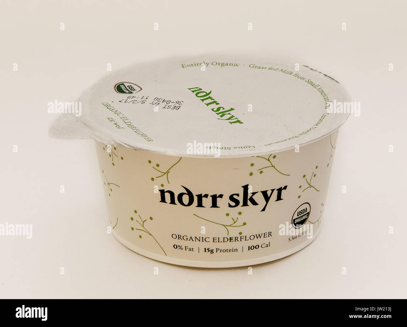 Package of Ndrr Skyr stands against white background. Stock Photo