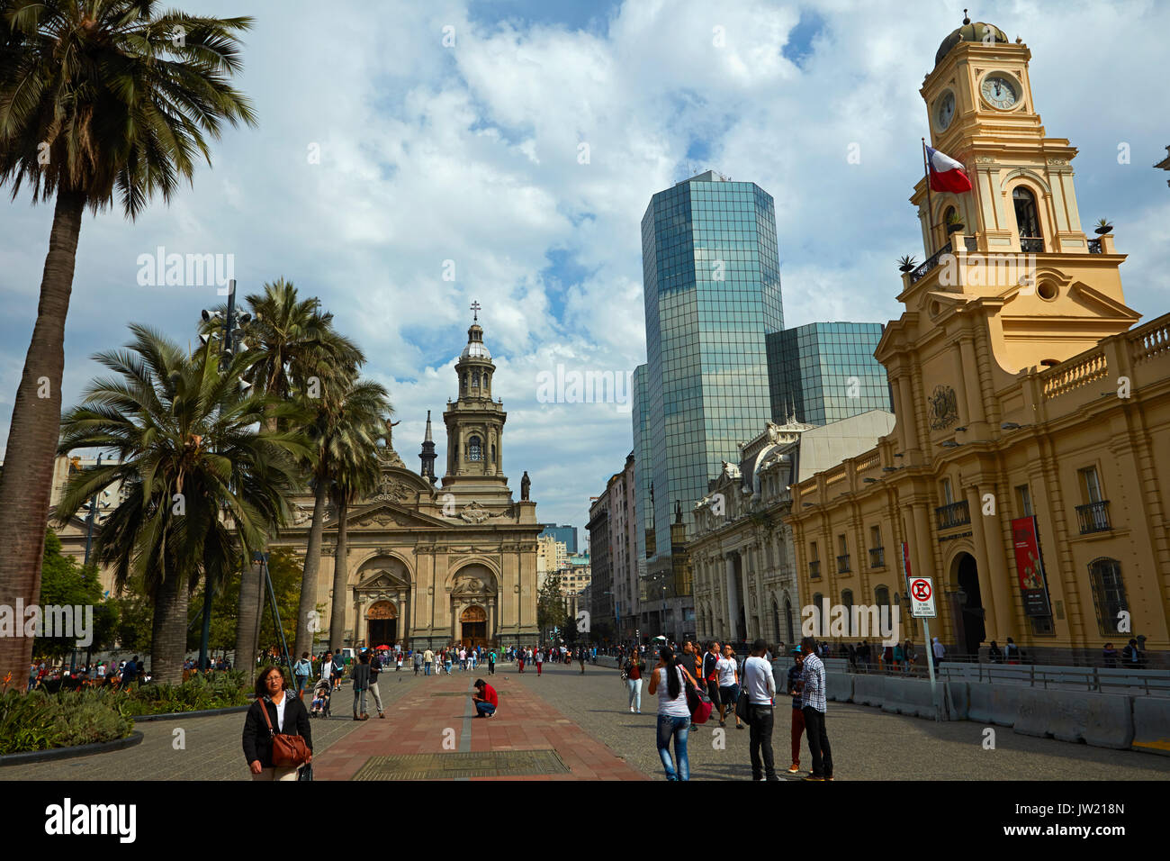 Metropolitan Cathedral of Santiago, and Chilean National History Museum (right, built 1808) Plaza de Armas, Santiago, Chile South America Stock Photo