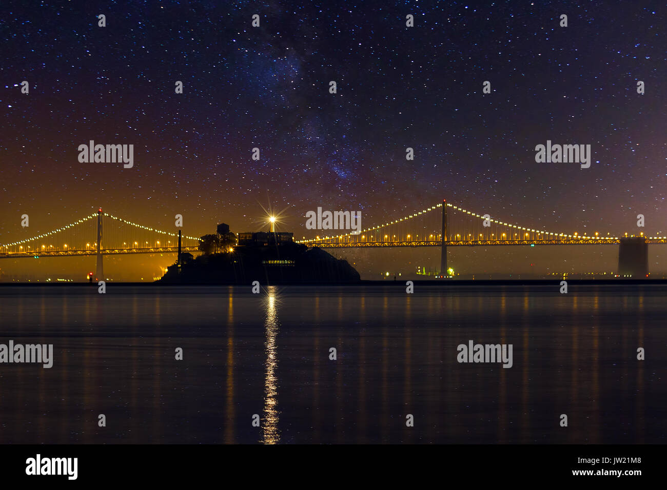 Alcatraz Island in San Francisco California under the Stars at night Stock Photo