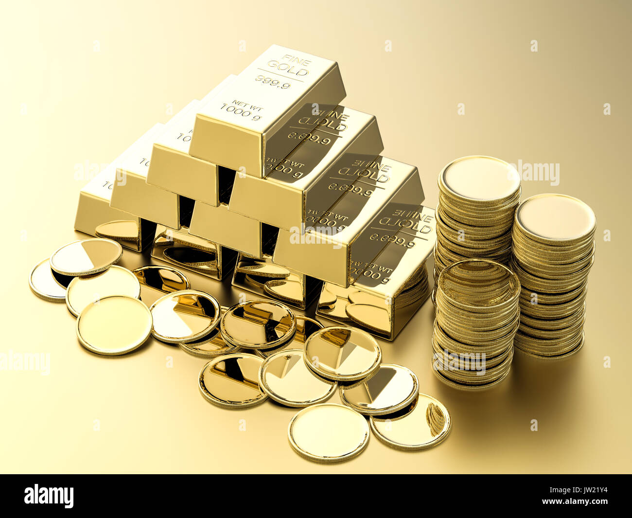stack of gold coins and bullions on gold background Stock Photo - Alamy