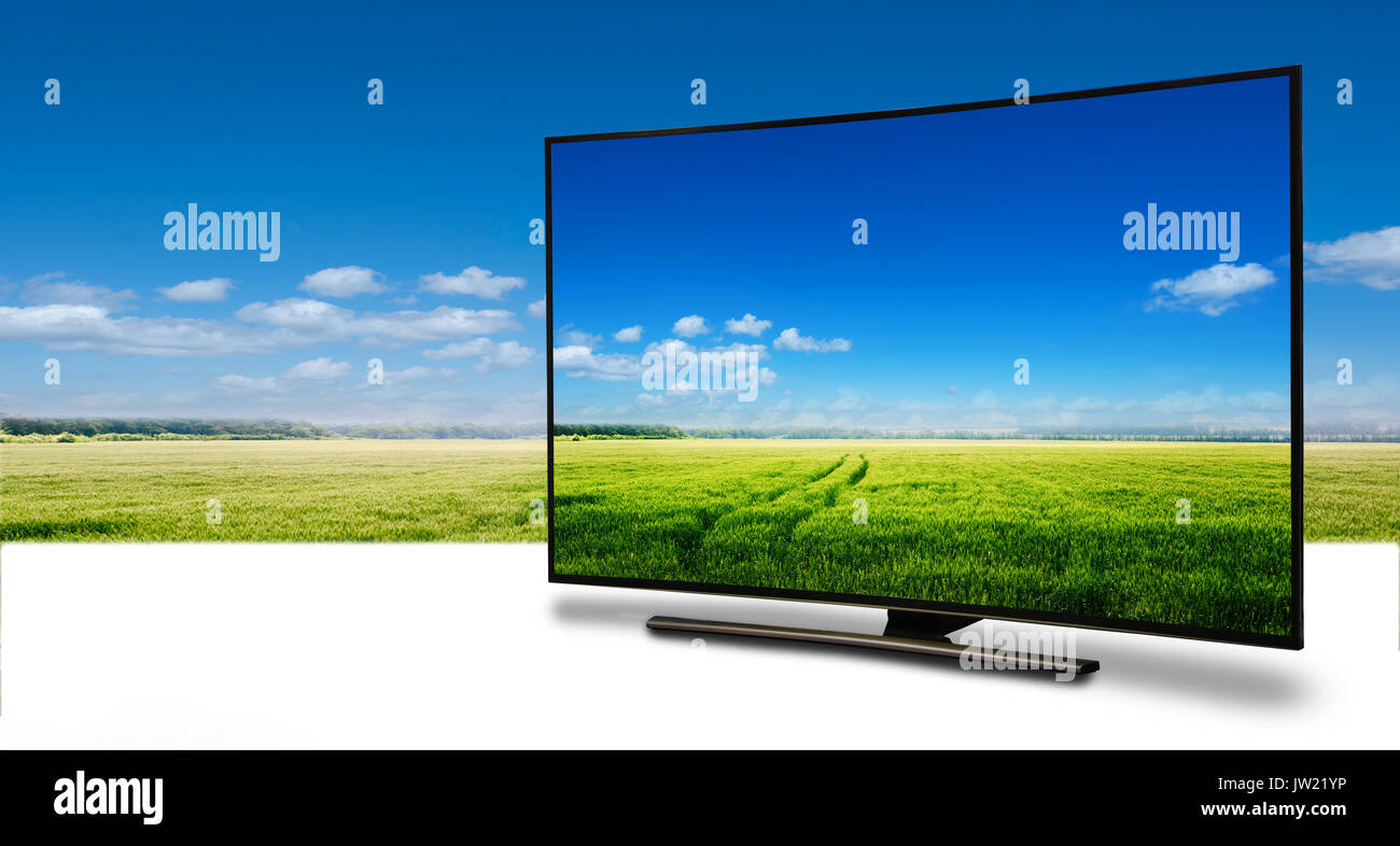 4k monitor isolated on white. tv with the nature view Stock Photo