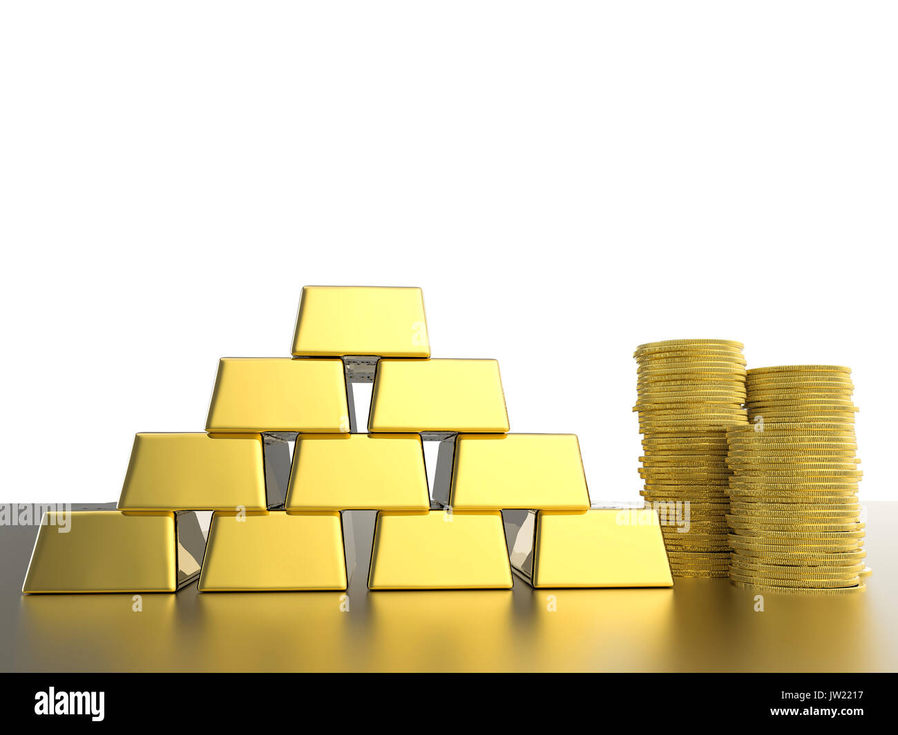 stack of gold coins and bullions on white background Stock Photo - Alamy