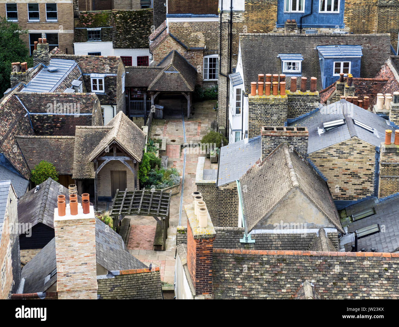 Organic Development Cambridge Cityscape UK - Cambridge Rooftops Aerial View of cluttered buildings and courtyards in the Historical Centre of Cambidge Stock Photo