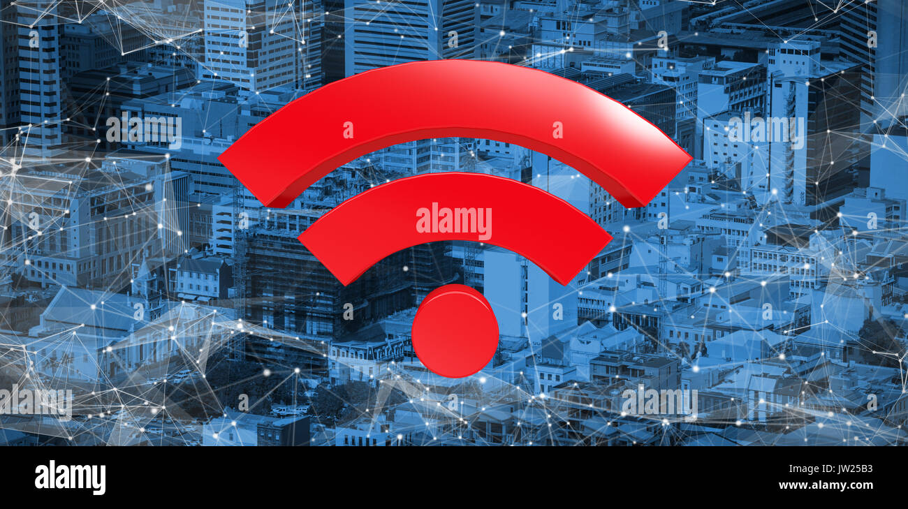 Red wifi symbol against high angle view of crowded buildings in city ...