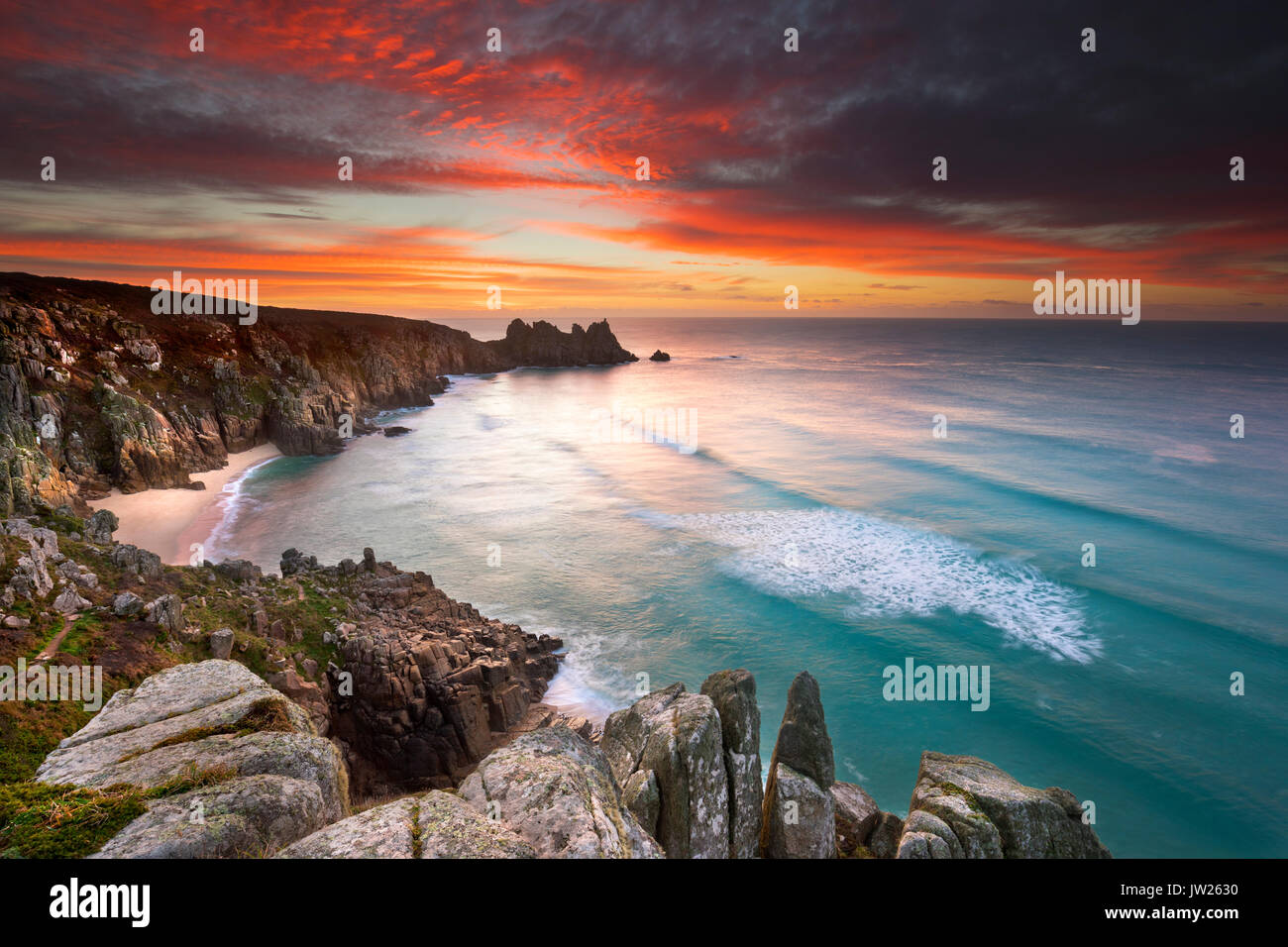 Logan Rock; Porthcurno; Sunrise; Cornwall; UK Stock Photo