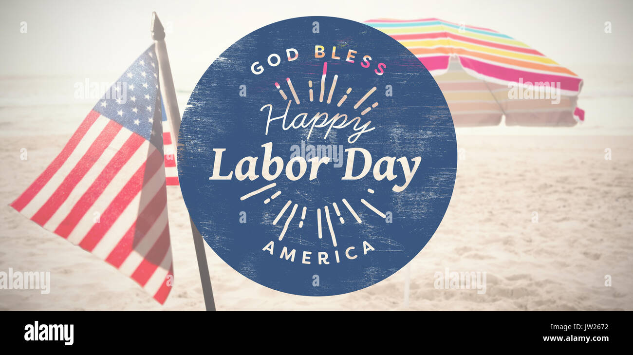 Happy labor day text on blue poster against beach umbrella at tropical