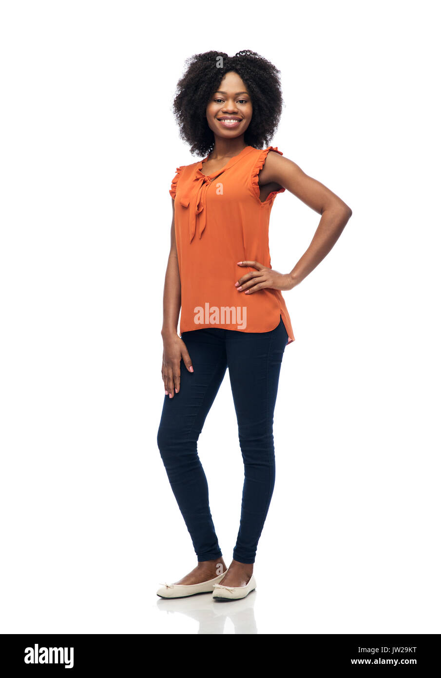 happy african american young woman over white Stock Photo - Alamy
