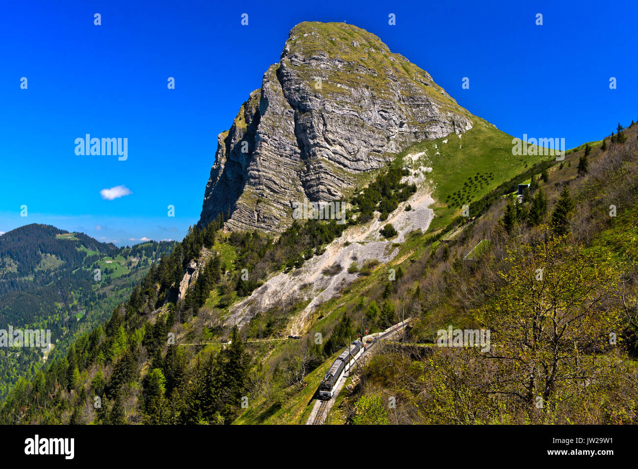 Summit Dent de Jaman with cog railway, above Montreux, Bernese Alps, Vaud, Switzerland Stock Photo