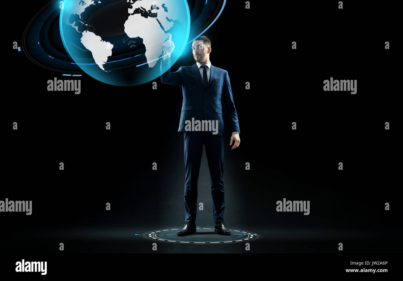 businessman in suit touching earth globe hologram Stock Photo - Alamy