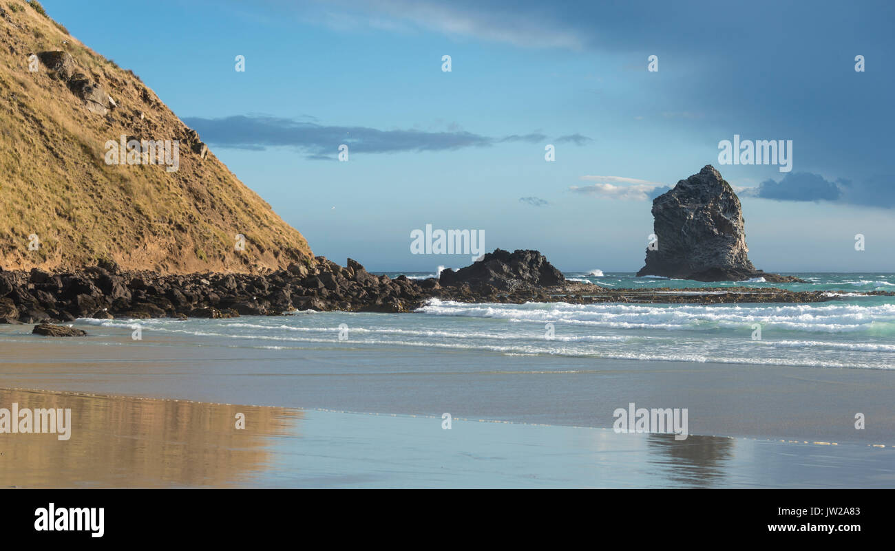 Sandy beach with rocks in the sea, Sandfly Bay, Otago, New Zealand Stock Photo