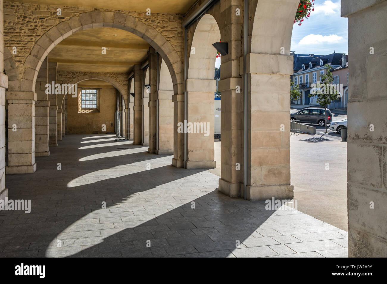 Arched market place under town hall building, Monein, Pyrénées-Atlantiques, France. Stock Photo