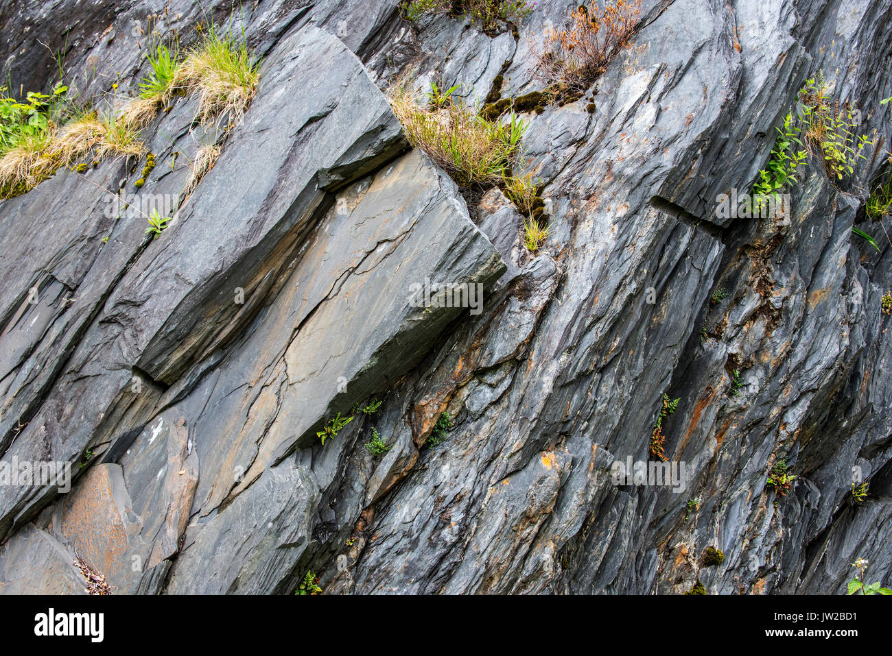 Rock layers in cliff made of slate at the Ballachulish slate quarry in