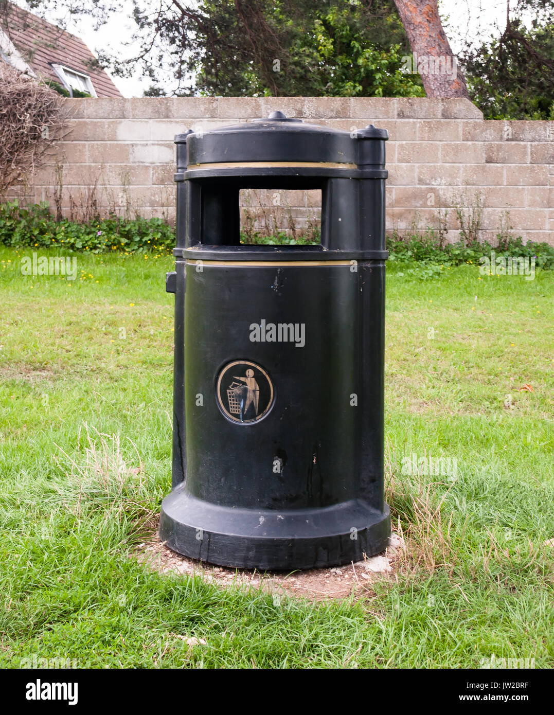 close up of park black waste bin; UK Stock Photo Alamy