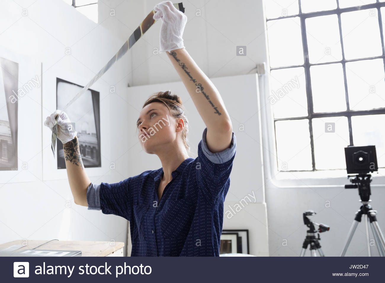 Female photographer with tattoos reviewing photograph film negatives in