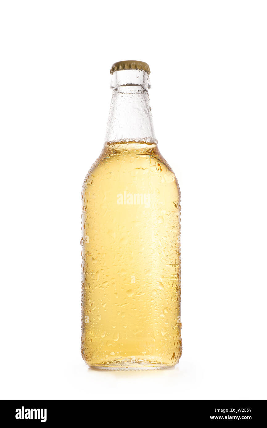 Golden light beer bottle with water drops. Isolated on white Stock Photo