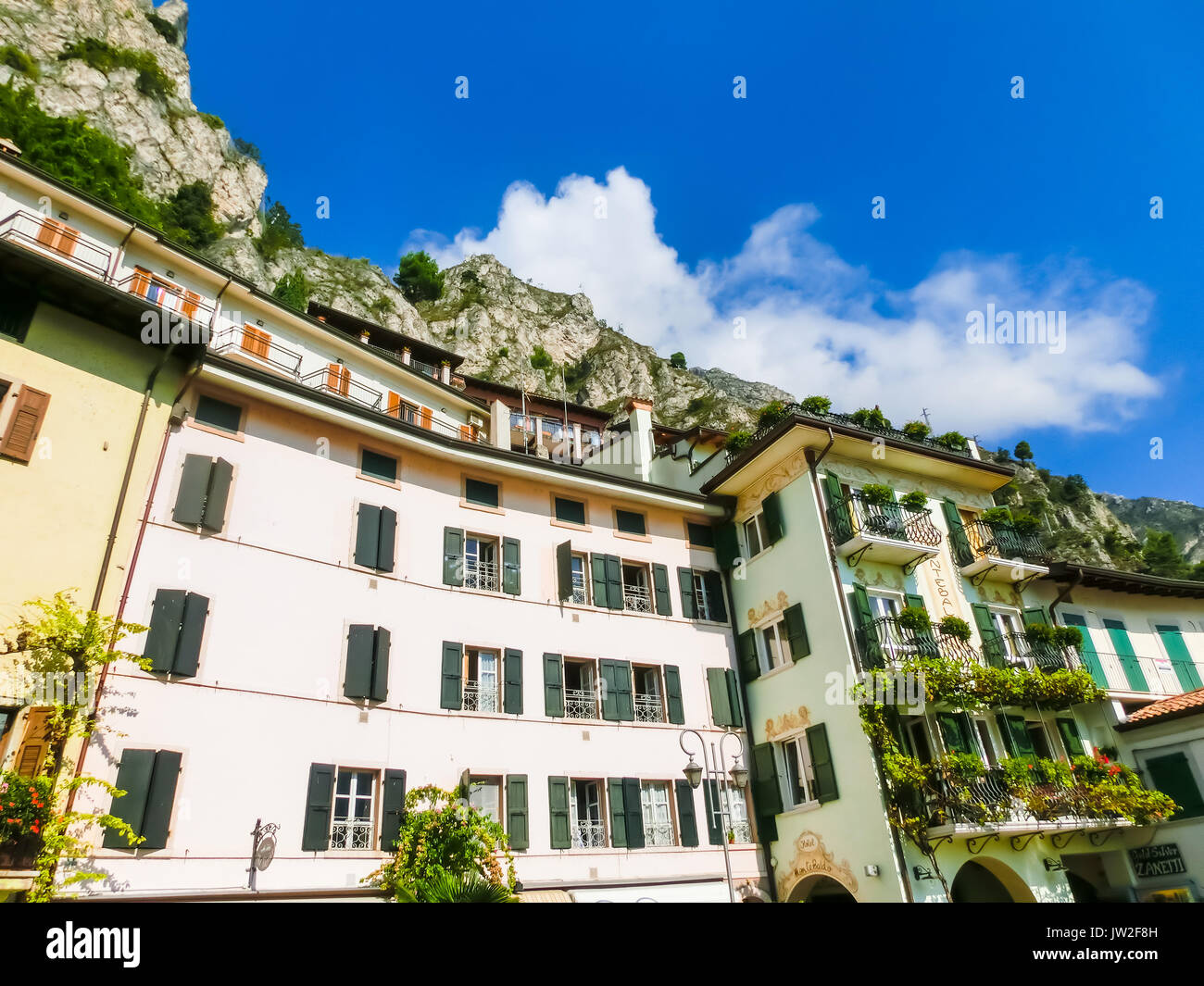 Limone sul Garda, Italy - September 21, 2014: The mountains with houses ...