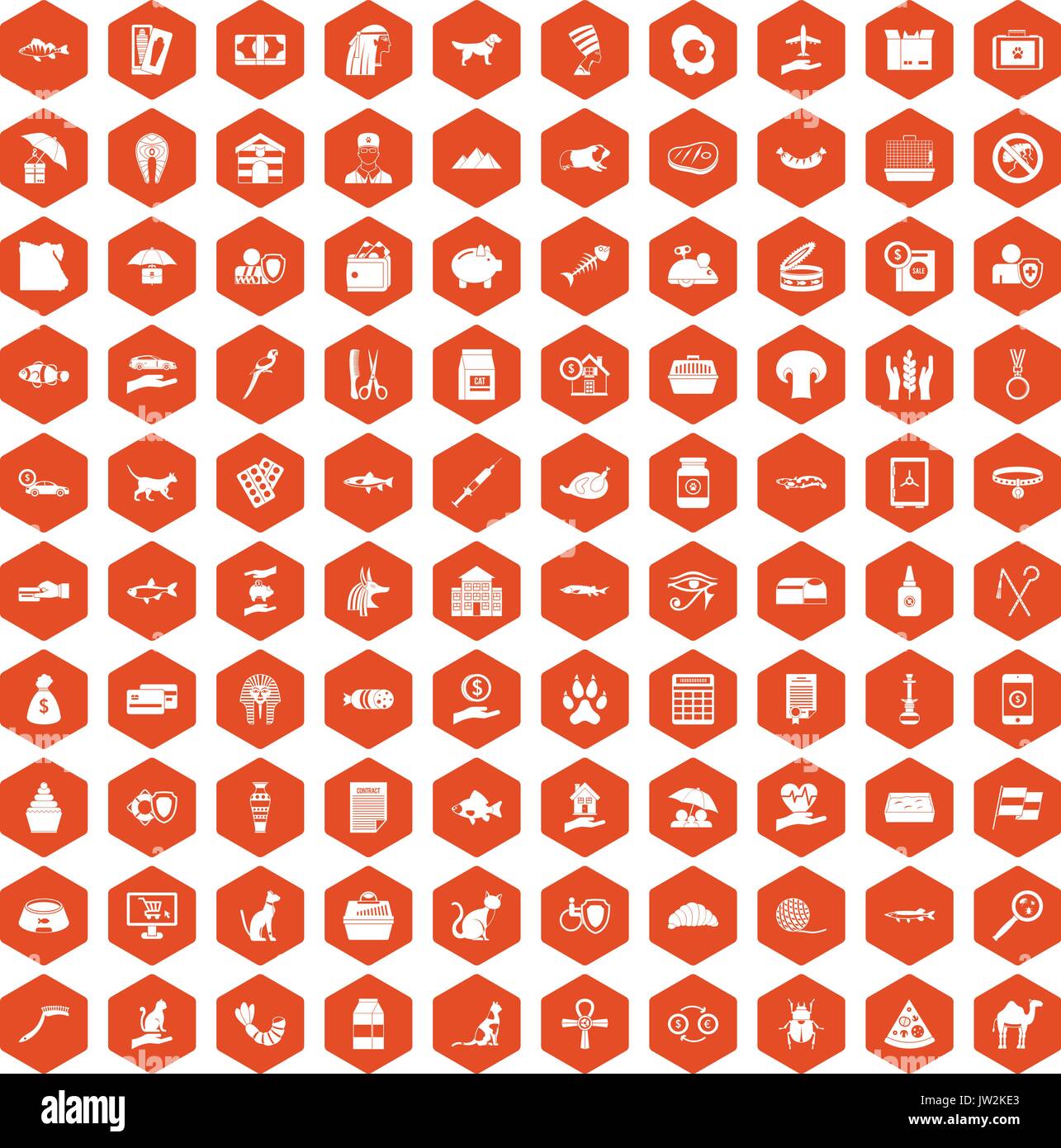 100 cat icons hexagon orange Stock Vector