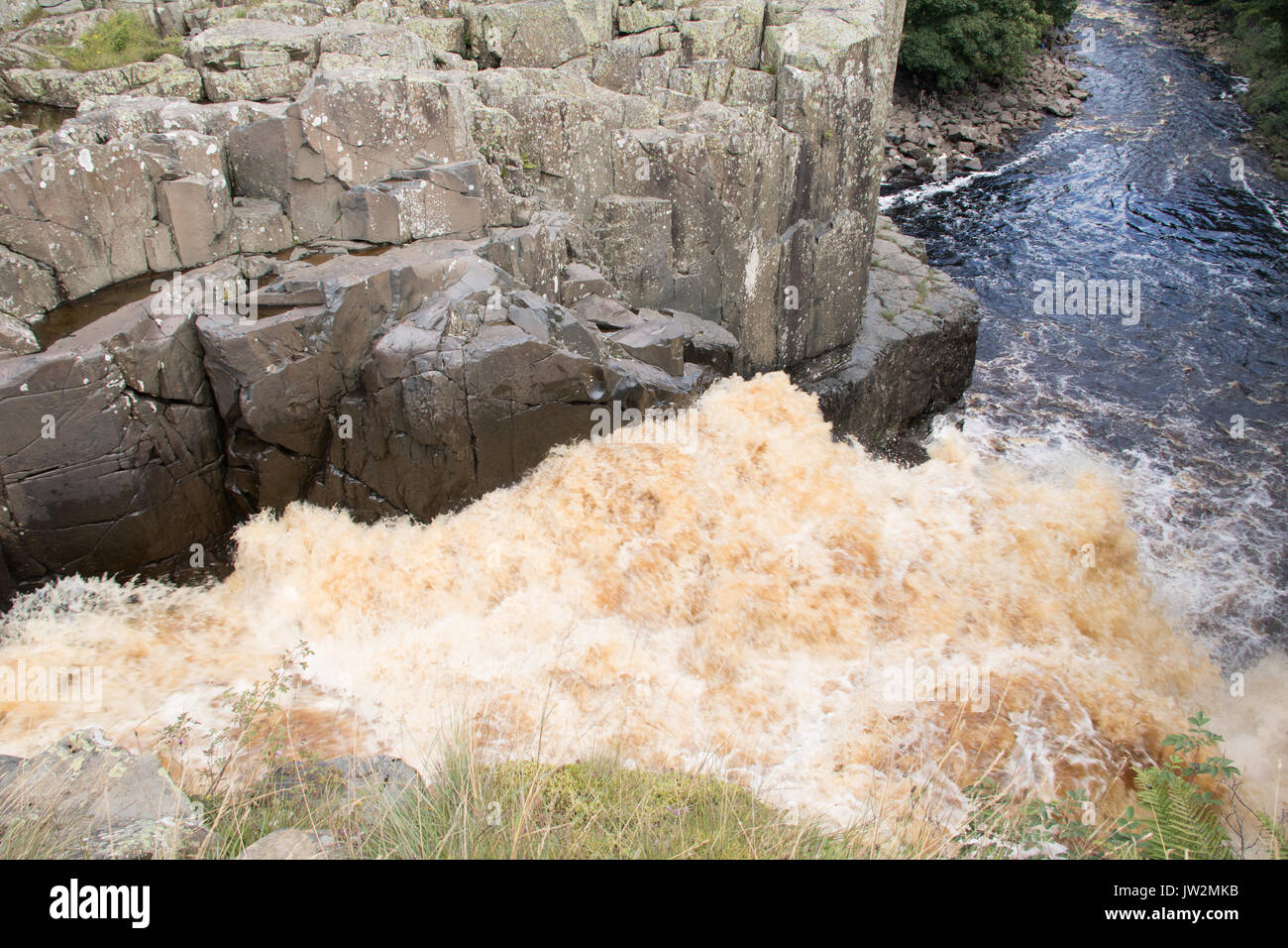 Looking down from the top of High Force waterfall, Count Durham. Stock Photo