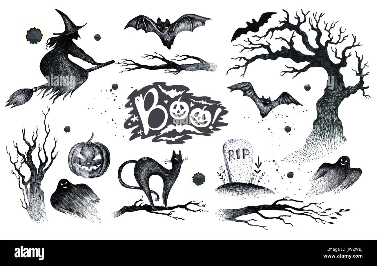 Halloween hand drawing black white graphic set icon, drawn Halloween symbols pumpkin, broom, bat, witches. Horror  elements pumpkins, ghosts, witches, Stock Photo