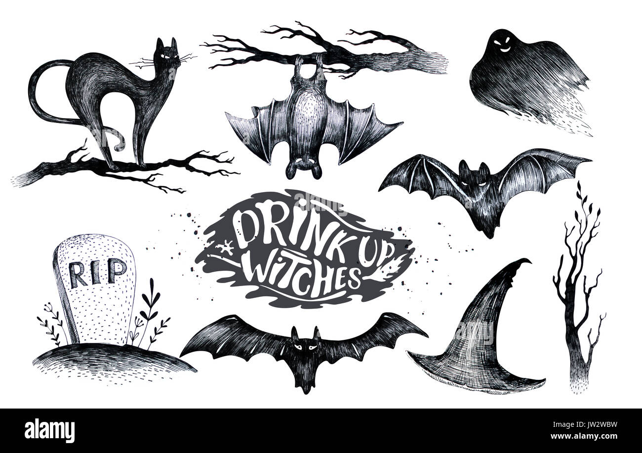 Halloween hand drawing black white graphic set icon, drawn Halloween symbols pumpkin, broom, bat, witches. Horror  elements pumpkins, ghosts, witches, Stock Photo