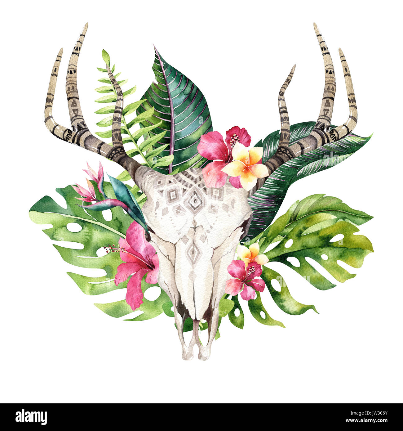Watercolor bohemian cow skull and tropic palm leaves. Western deer ...