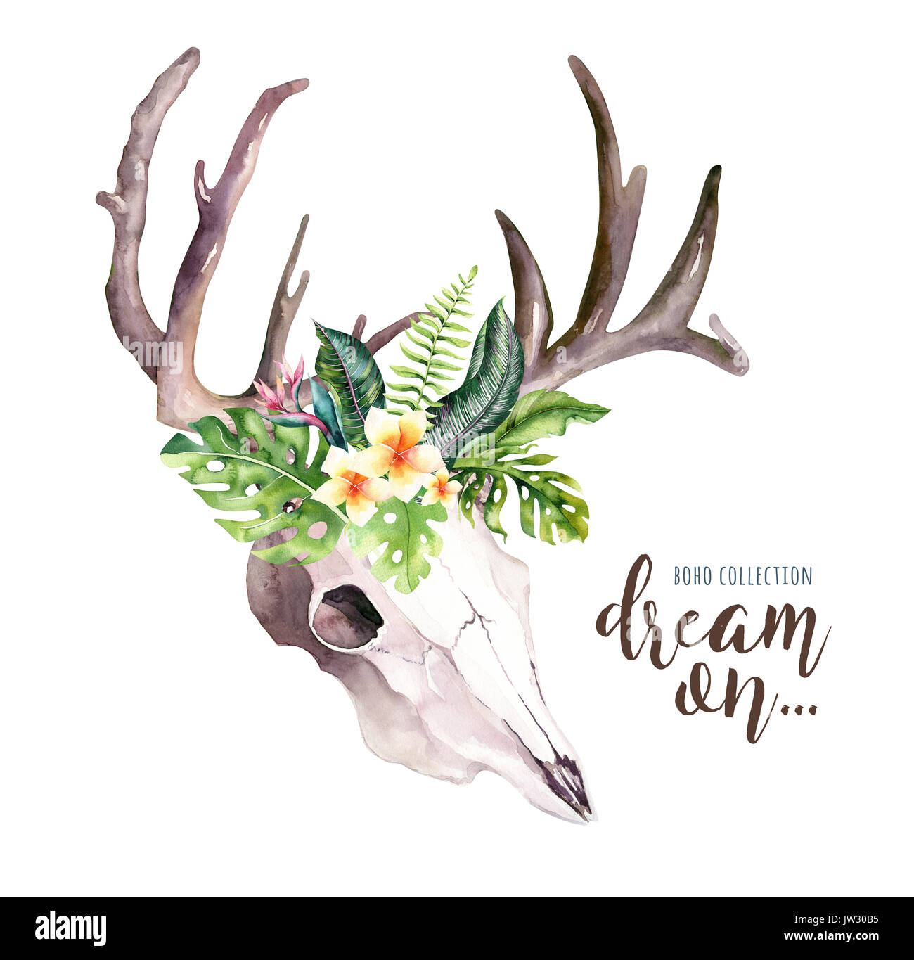 Watercolor bohemian cow skull and tropic palm leaves. Western deer ...