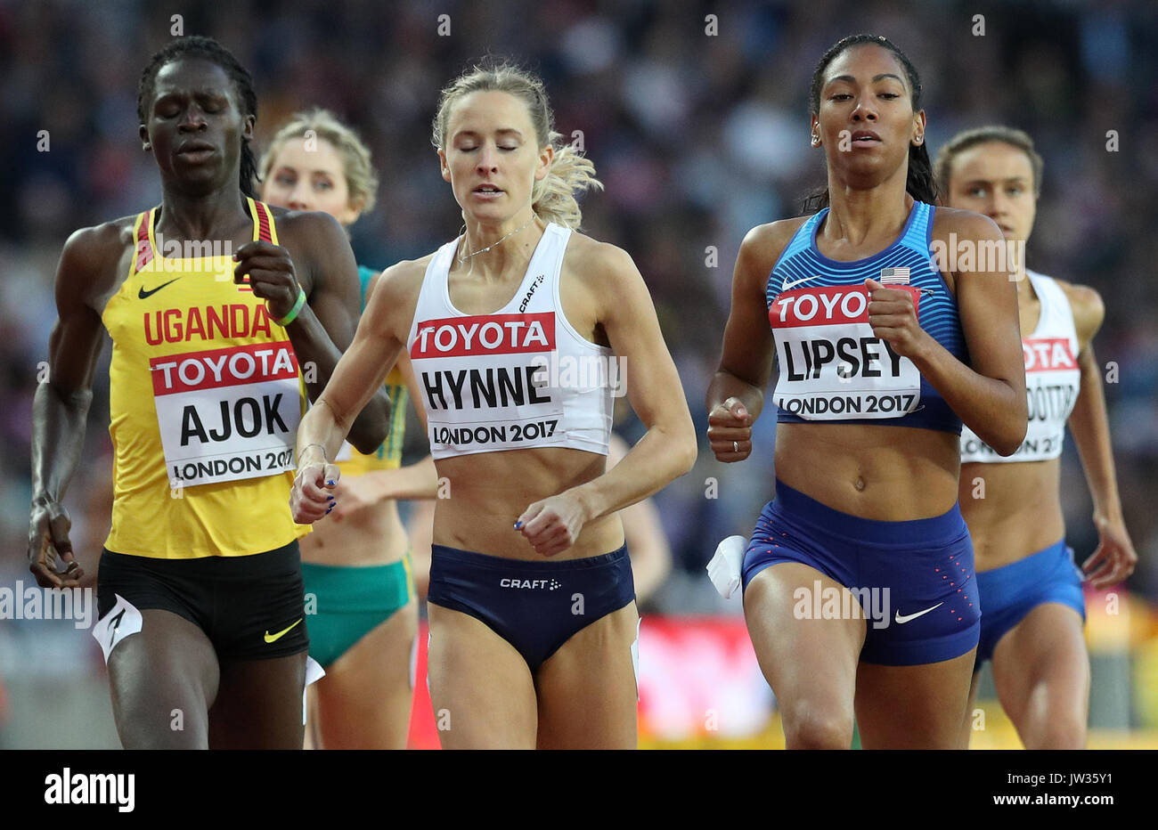 Uganda's Dorcus Ajok, Norway's Hedde Hynne and USA's Charlene Lipsey during day seven of the 2017 IAAF World Championships at the London Stadium. PRESS ASSOCIATION Photo. Picture date: Thursday August 10, 2017. See PA story Athletics World. Photo credit should read: Jonathan Brady/PA Wire. RESTRICTIONS: Editorial use only. No transmission of sound or moving images and no video simulation. Stock Photo