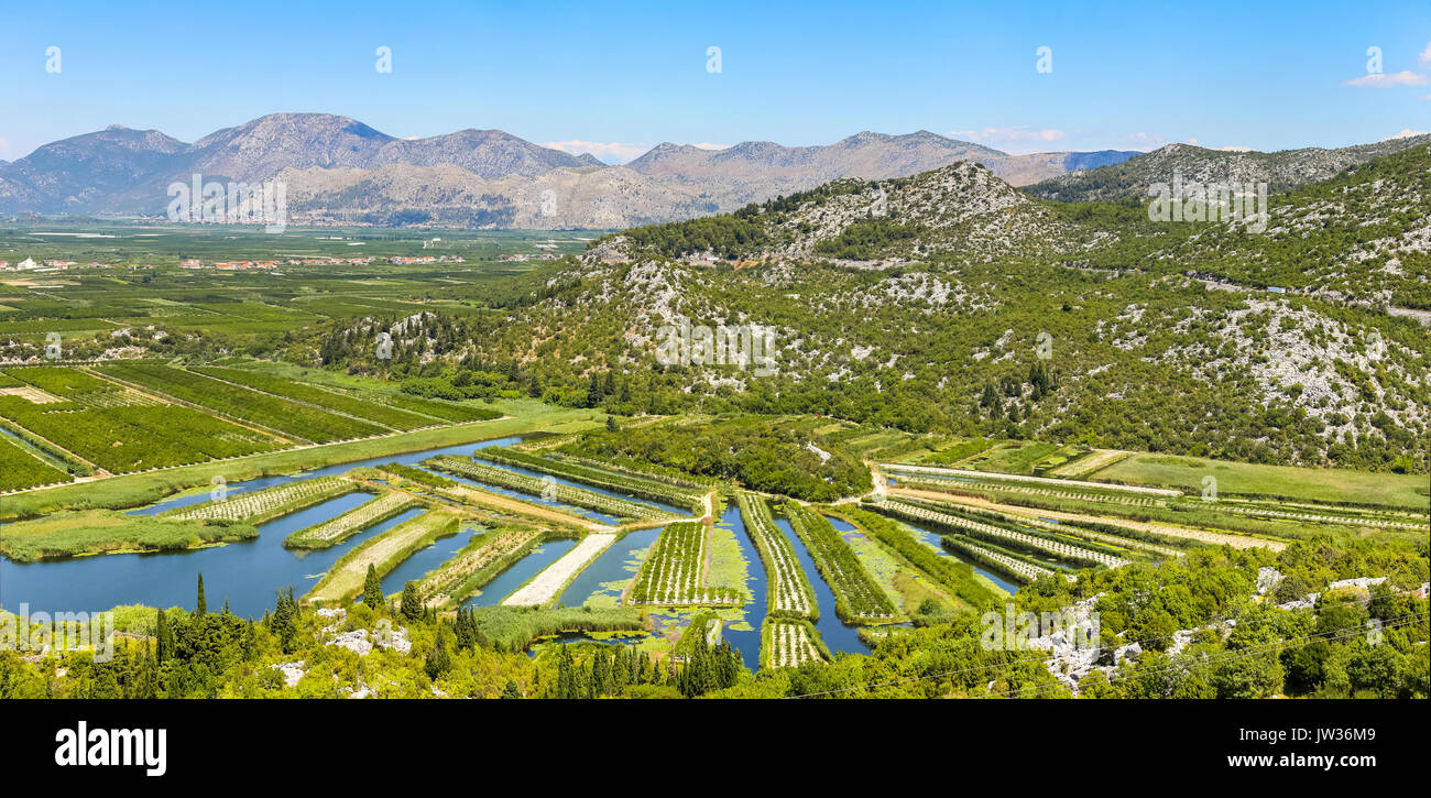 A view of the irrigated agricultural orchards and fields in the delta of the river Neretva in Opuzen, Croatia. Stock Photo