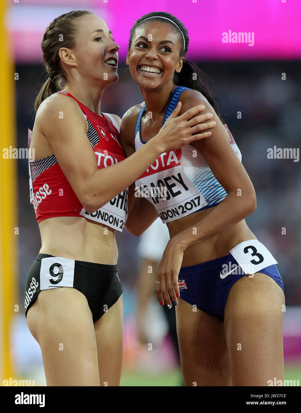 Great Britain's Adelle Tracey (right) and Switzerland's Selina Buchel react after the Women's 800m heat six during day seven of the 2017 IAAF World Championships at the London Stadium. Stock Photo
