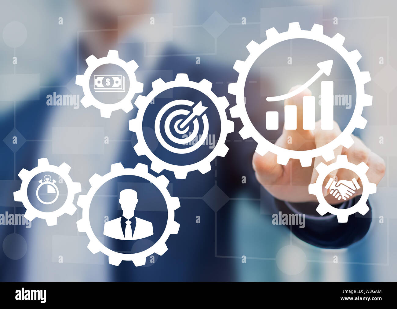Business process management and workflow automation diagram with gears and icons with flowchart in background. Manager touching interface Stock Photo