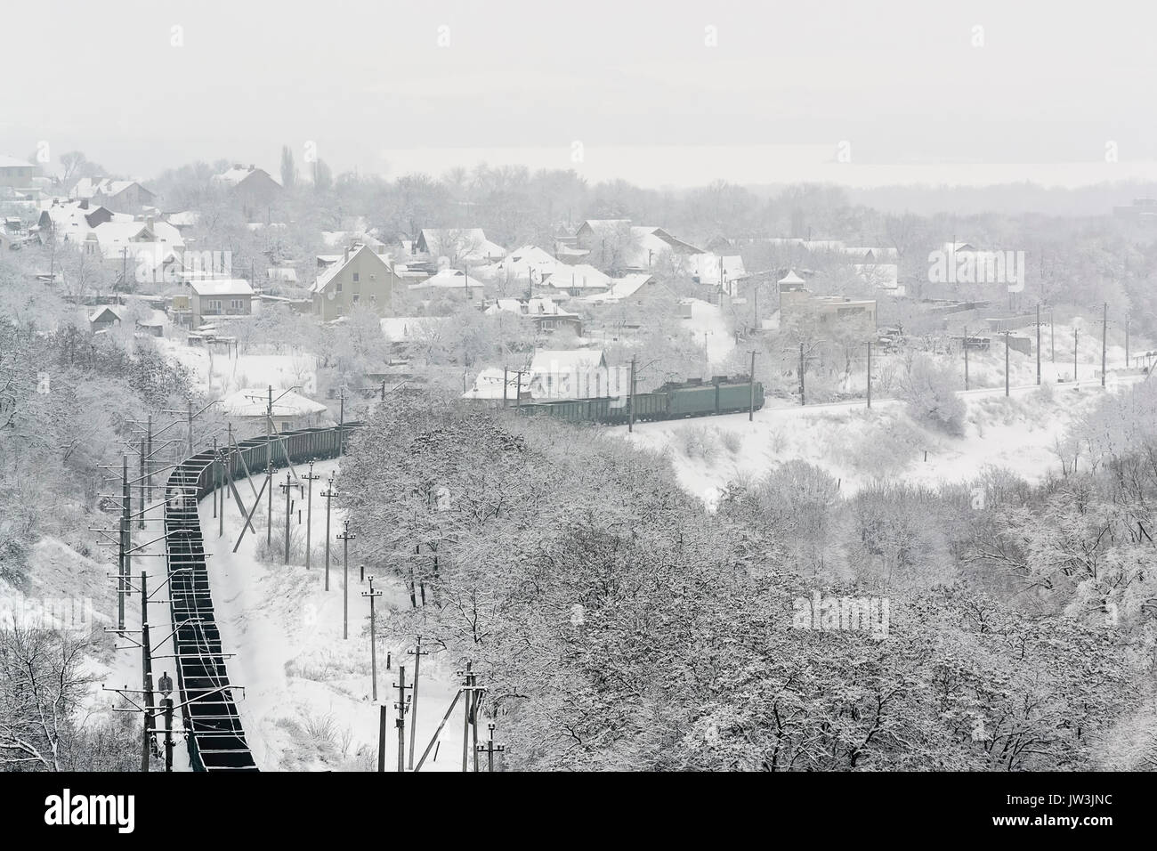 Ukraine, Dnepropetrovsk region, Dnepropetrovsk city, railroad track in winter Stock Photo