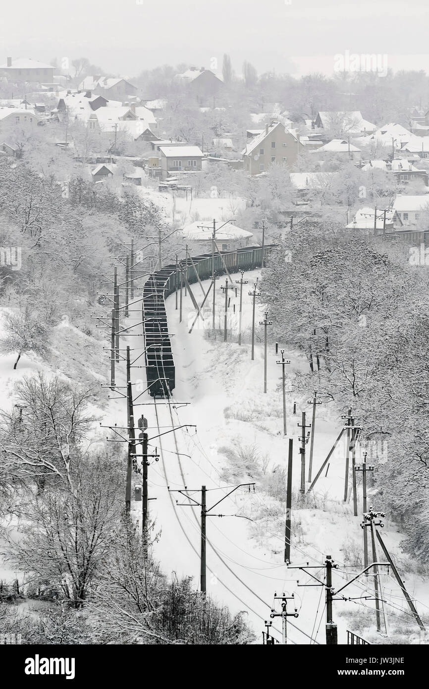 Ukraine, Dnepropetrovsk region, Dnepropetrovsk city, railroad track in winter Stock Photo