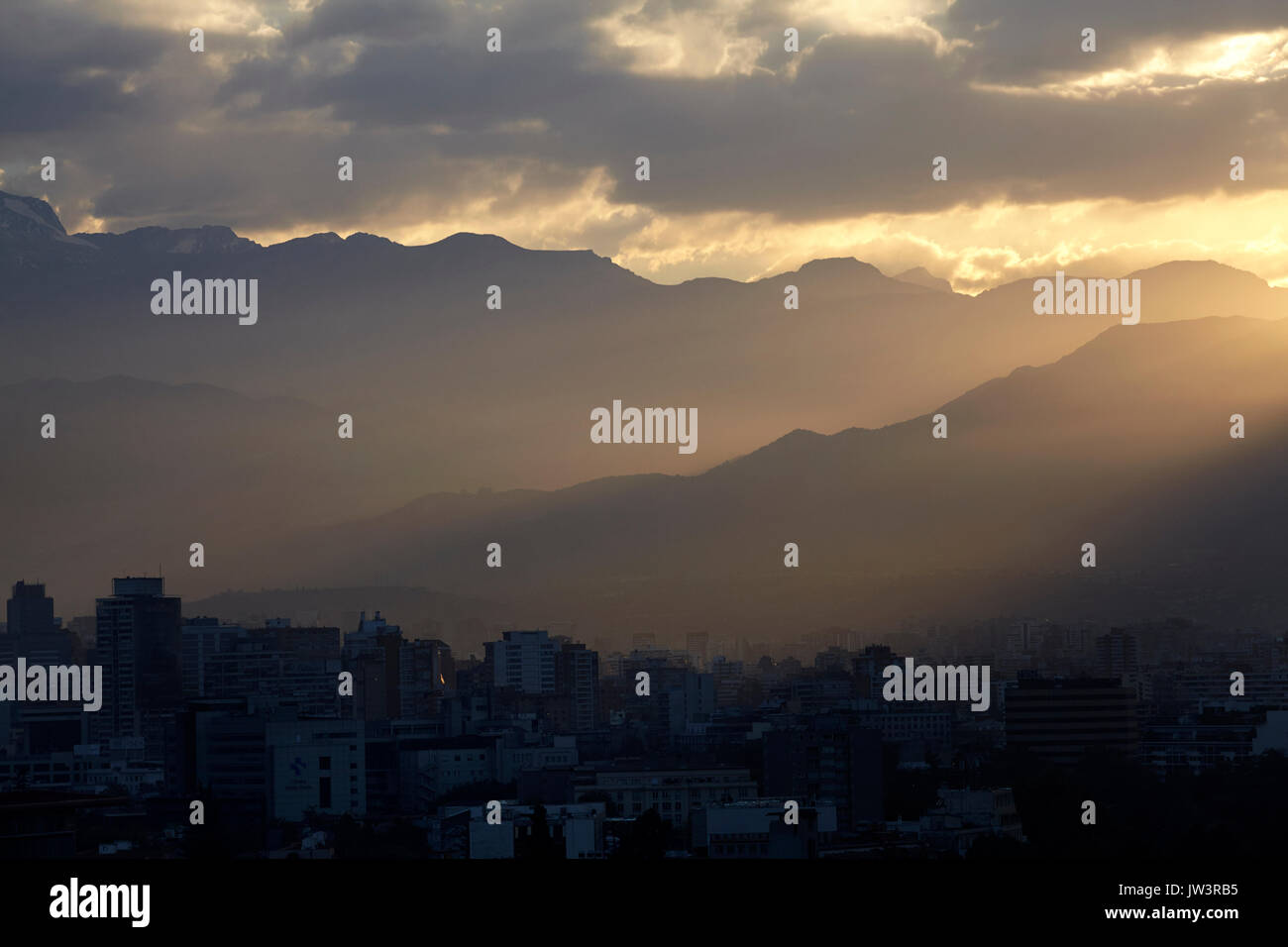 Santiago and sunrise over the Andes Mountains, Chile, South America Stock Photo