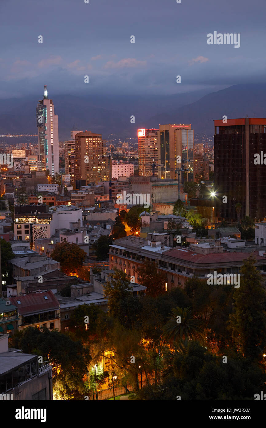 Apartments at dusk and the Andes Mountains, Santiago, Chile, South America Stock Photo