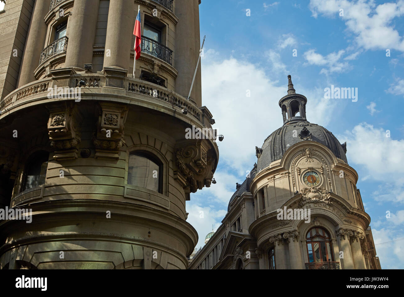 Ornate historic buidlings along La Bolsa, Santiago, Chile, South America Stock Photo