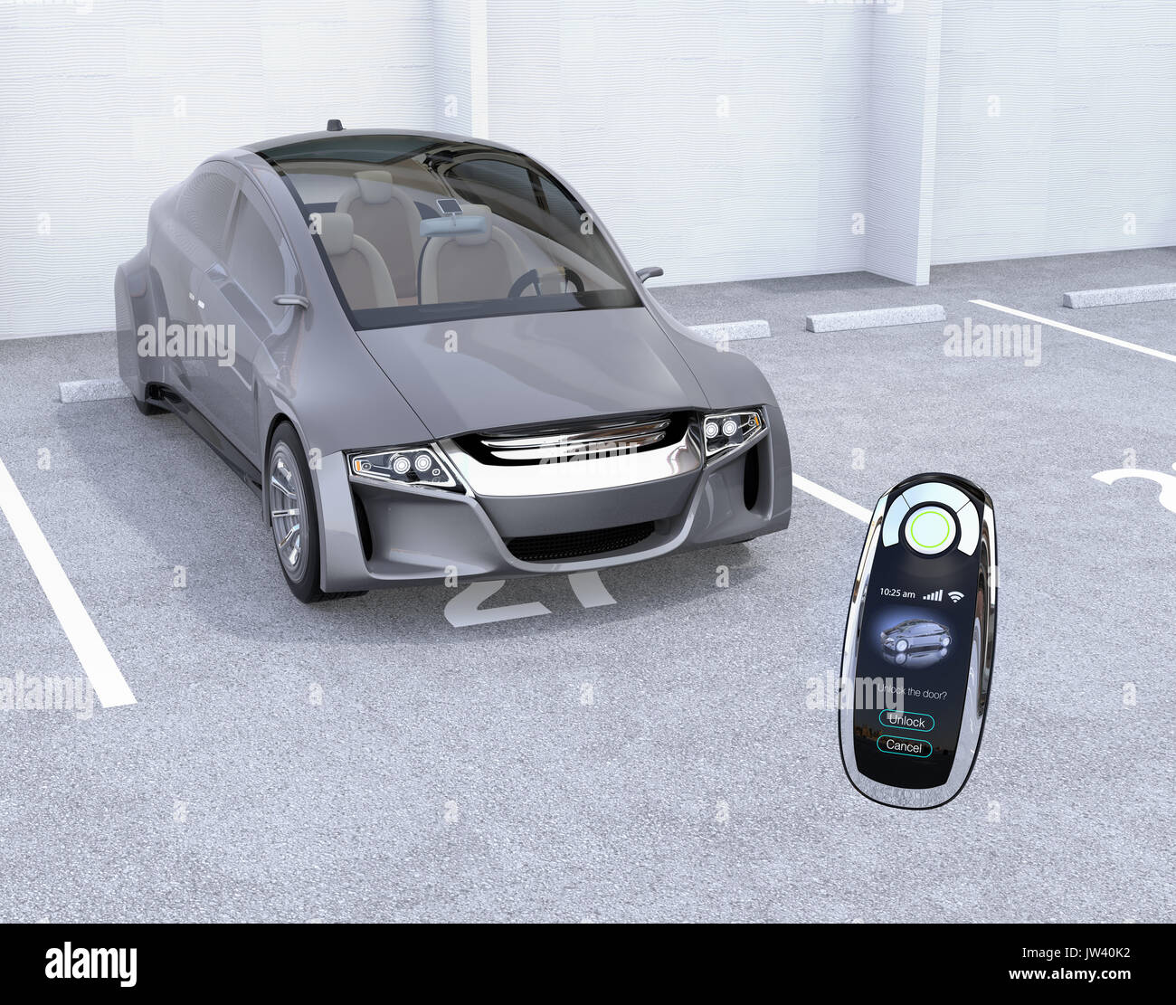 Smart car key and electric car in parking lot. 3D rendering image. Stock Photo