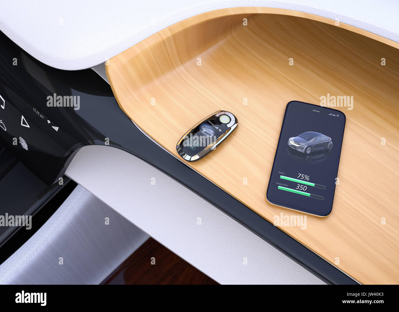 Smart car key on electric car's dashboard. 3D rendering image. Stock Photo