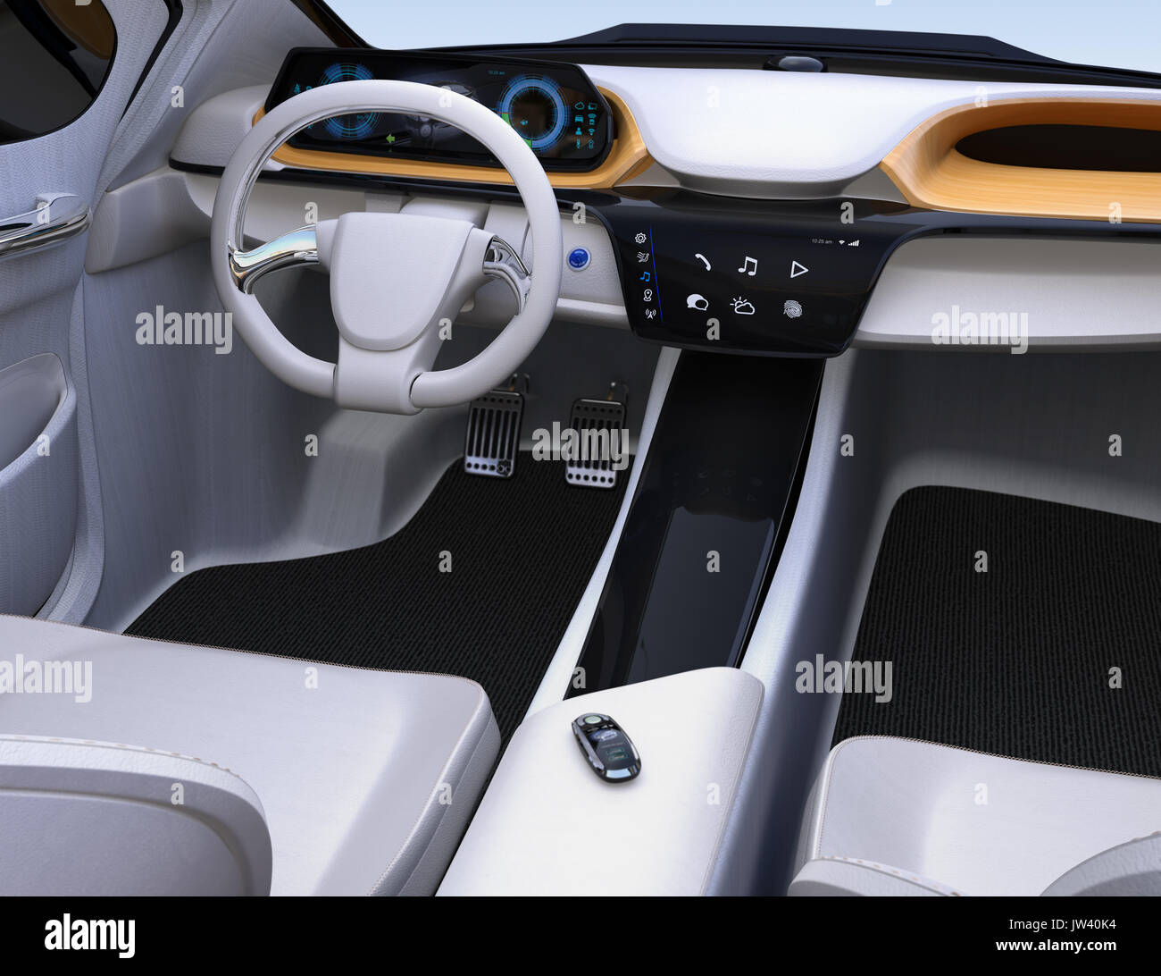 Smart car key on electric car's dashboard. 3D rendering image. Stock Photo