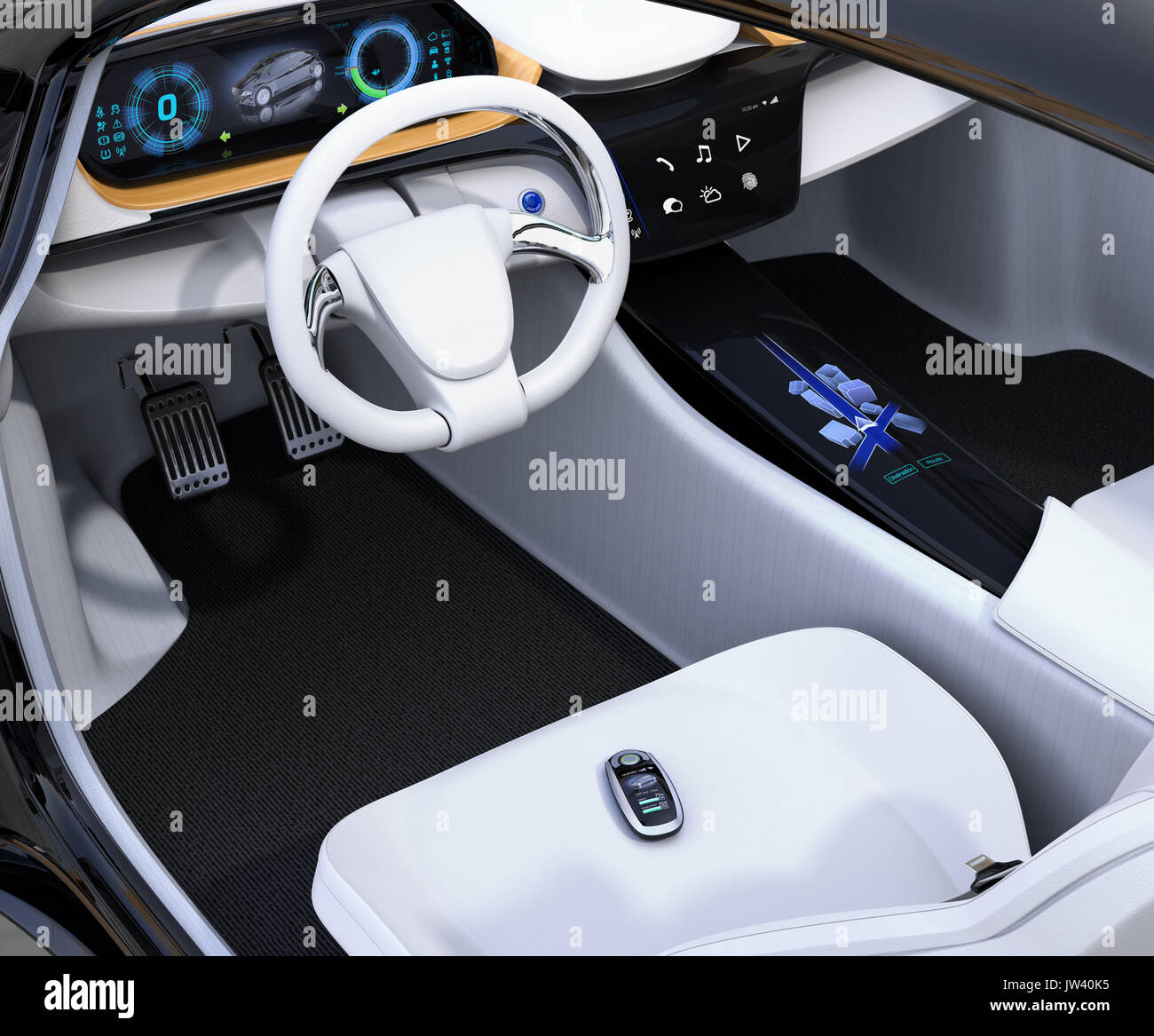 Smart car key on electric car's passenger seat. 3D rendering image. Stock Photo