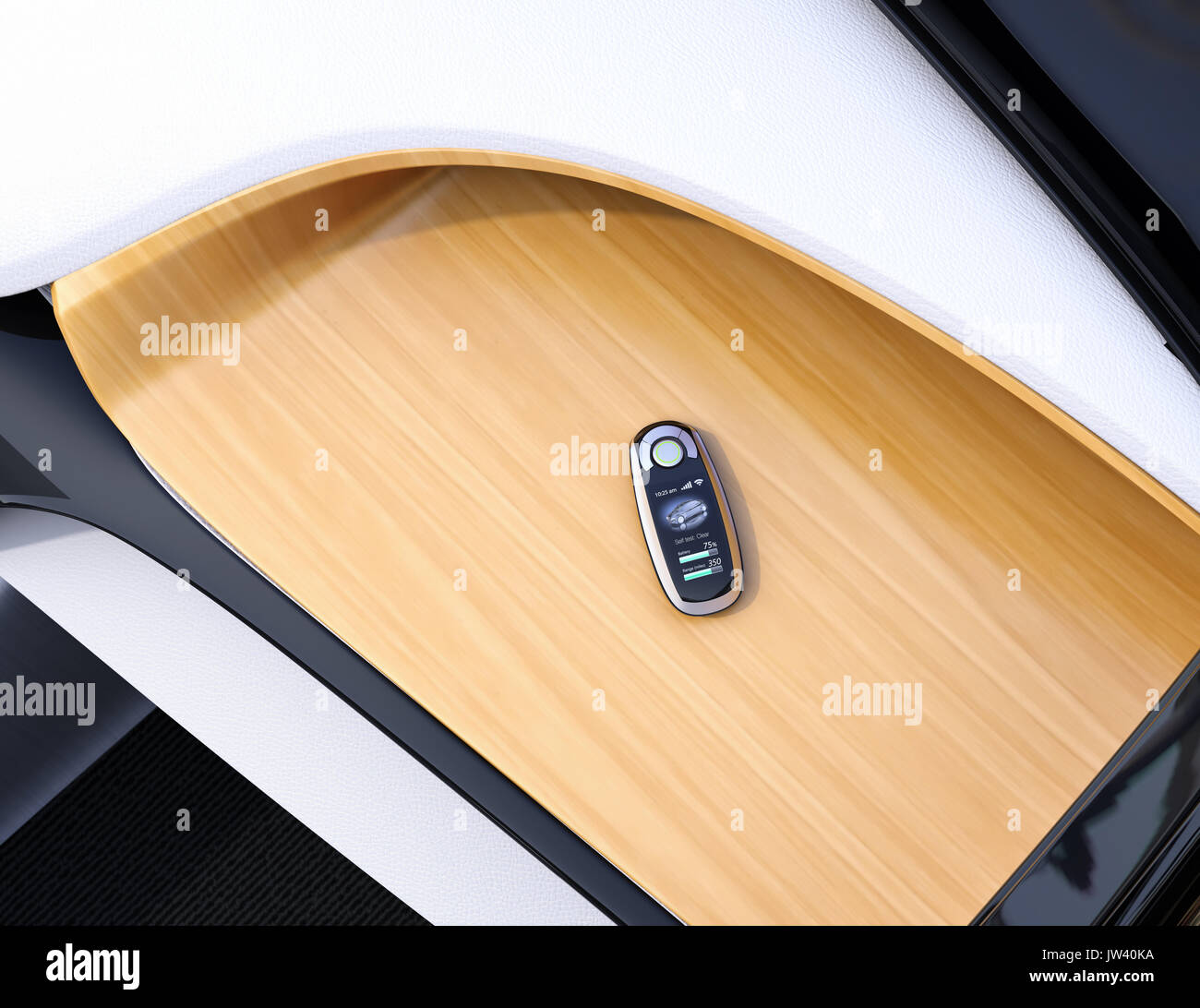 Smart car key on electric car's dashboard. 3D rendering image. Stock Photo