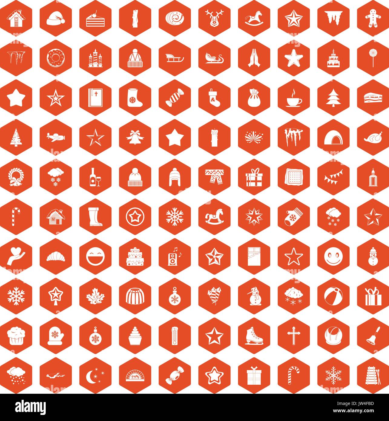 100 christmas icons hexagon orange Stock Vector