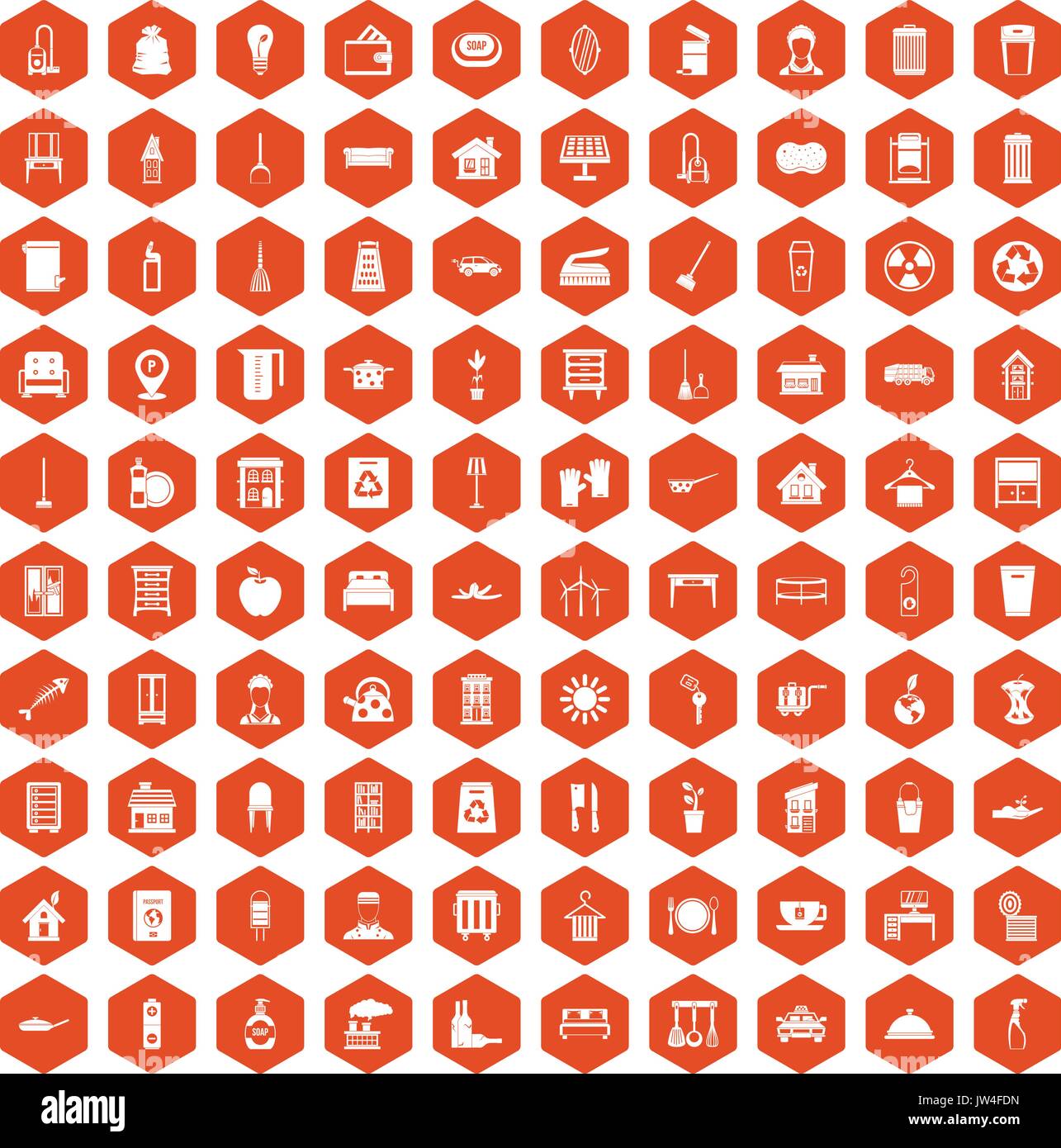 100 cleaning icons hexagon orange Stock Vector