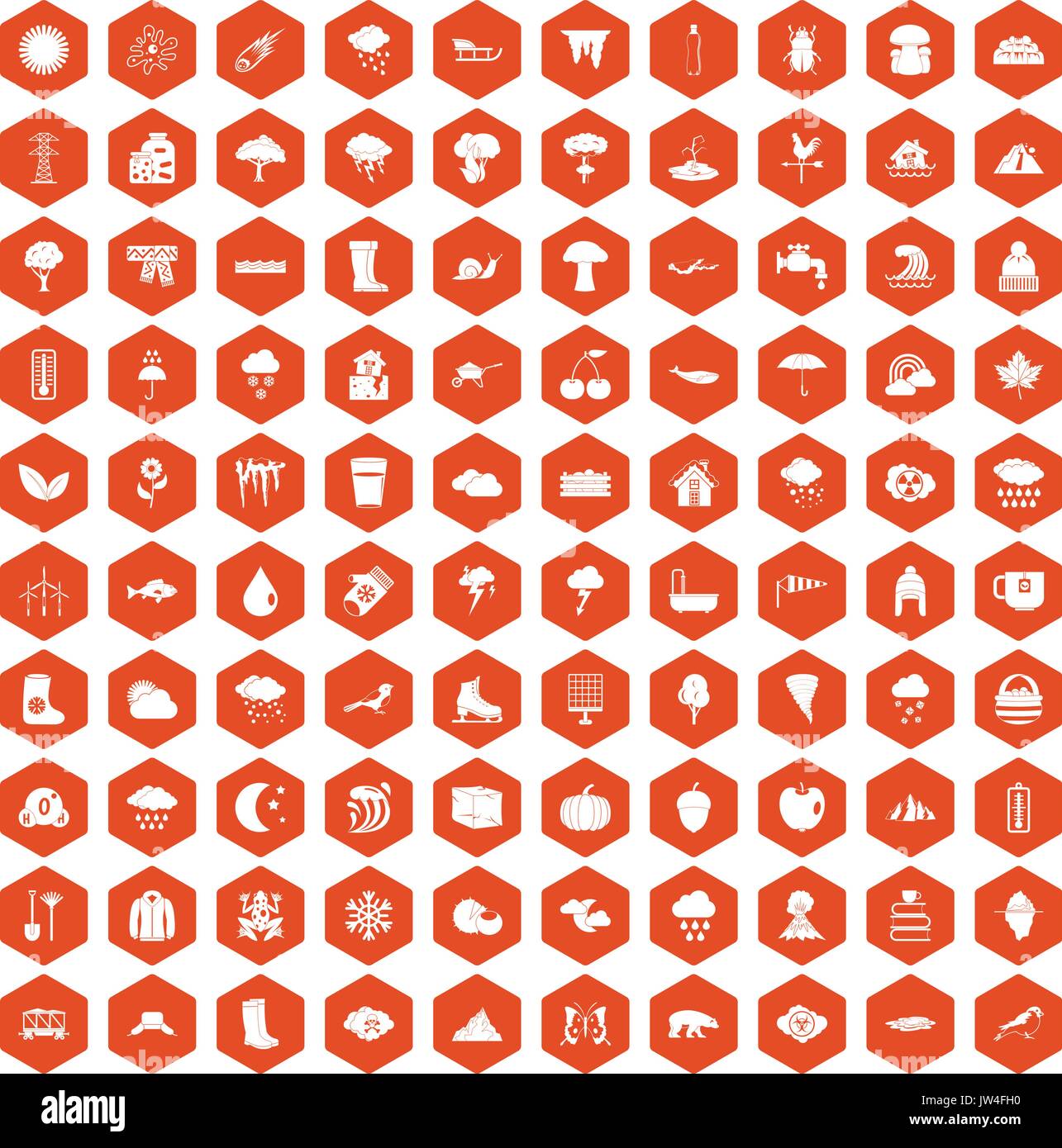 100 clouds icons hexagon orange Stock Vector