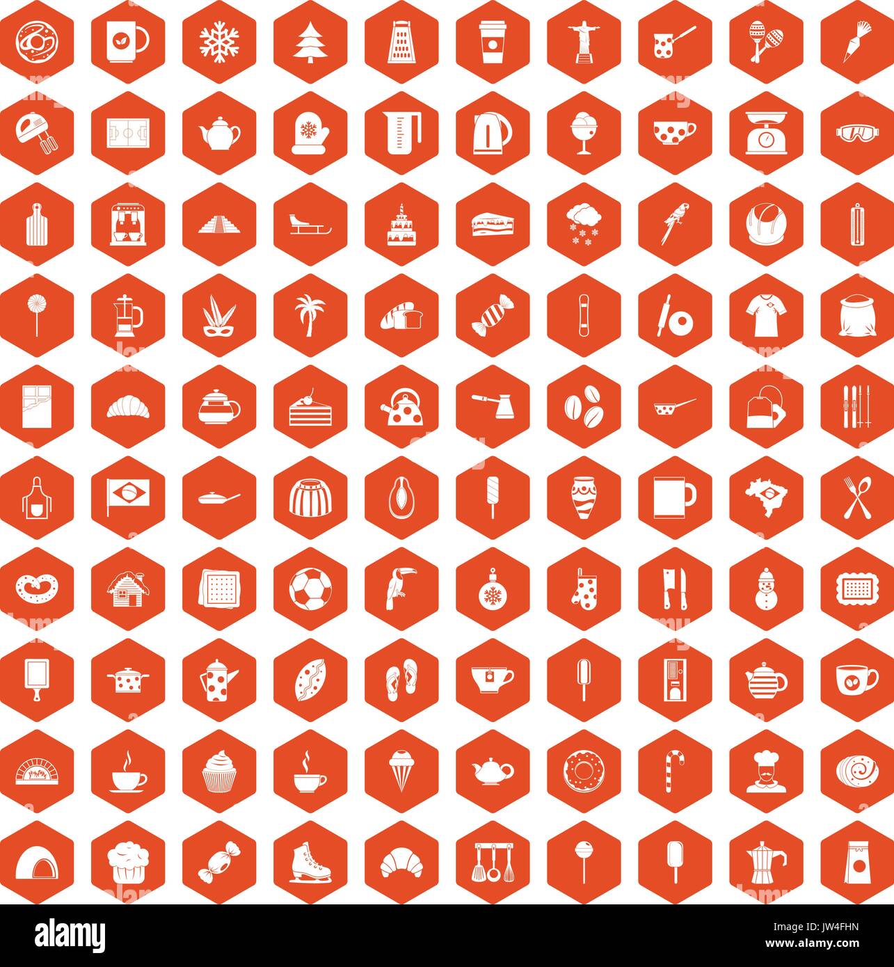 100 coffee icons hexagon orange Stock Vector