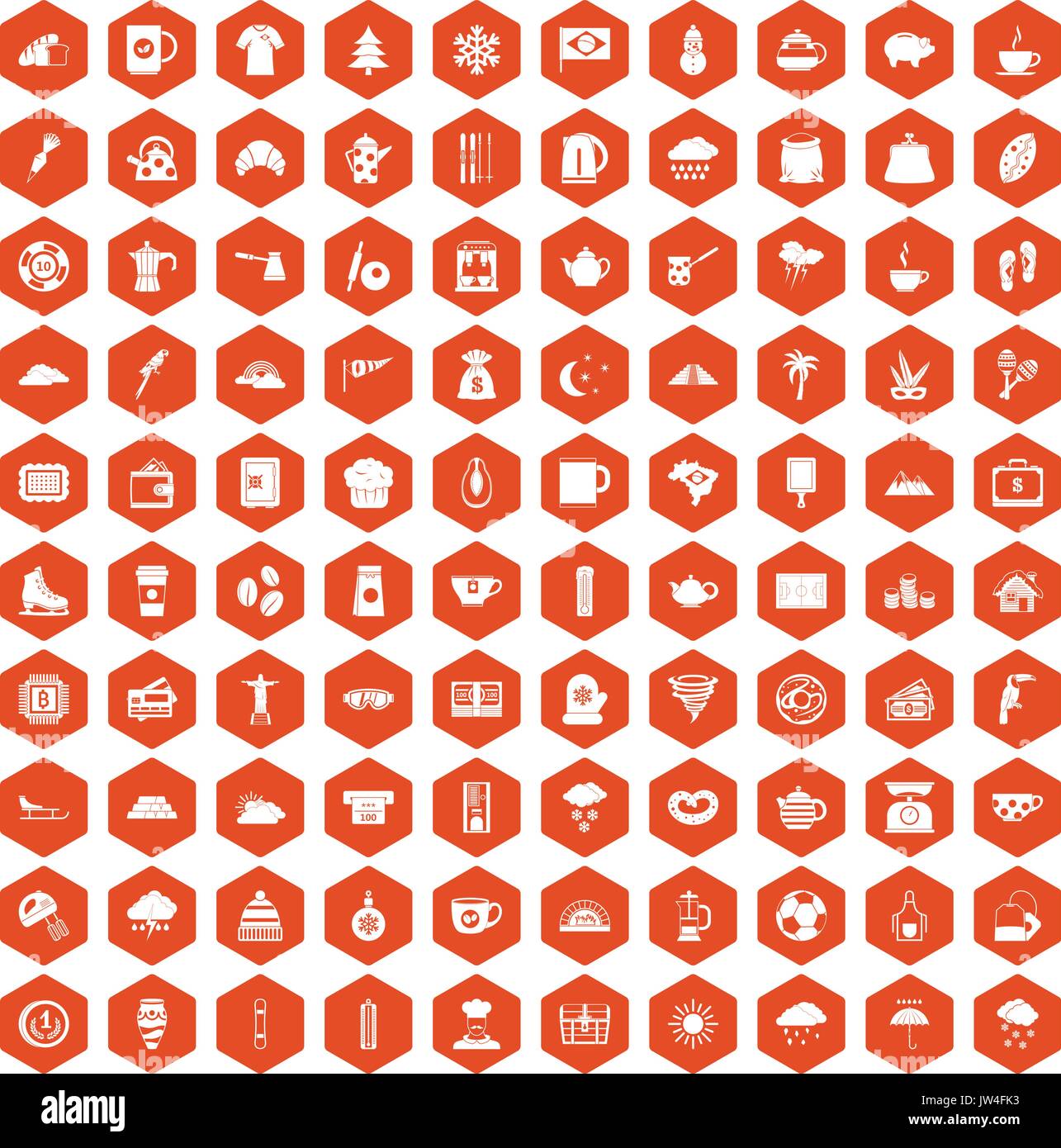 100 coffee cup icons hexagon orange Stock Vector