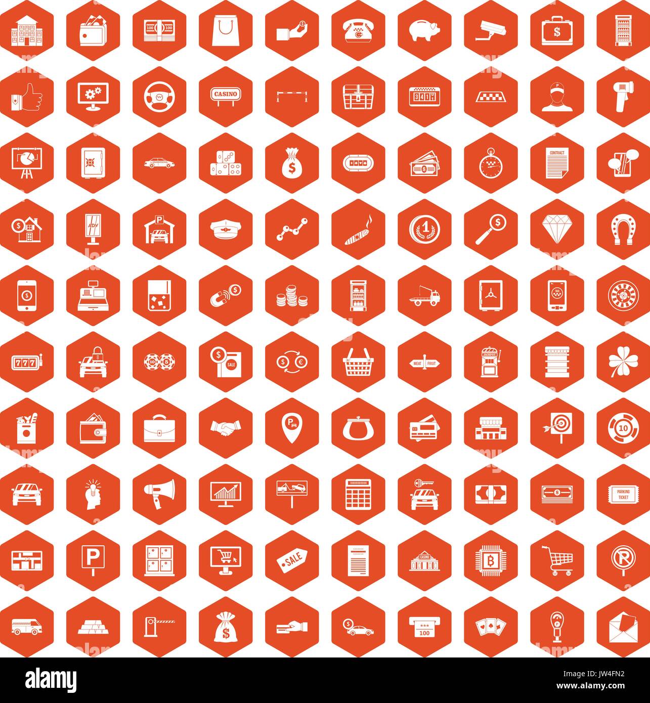 100 coin icons hexagon orange Stock Vector