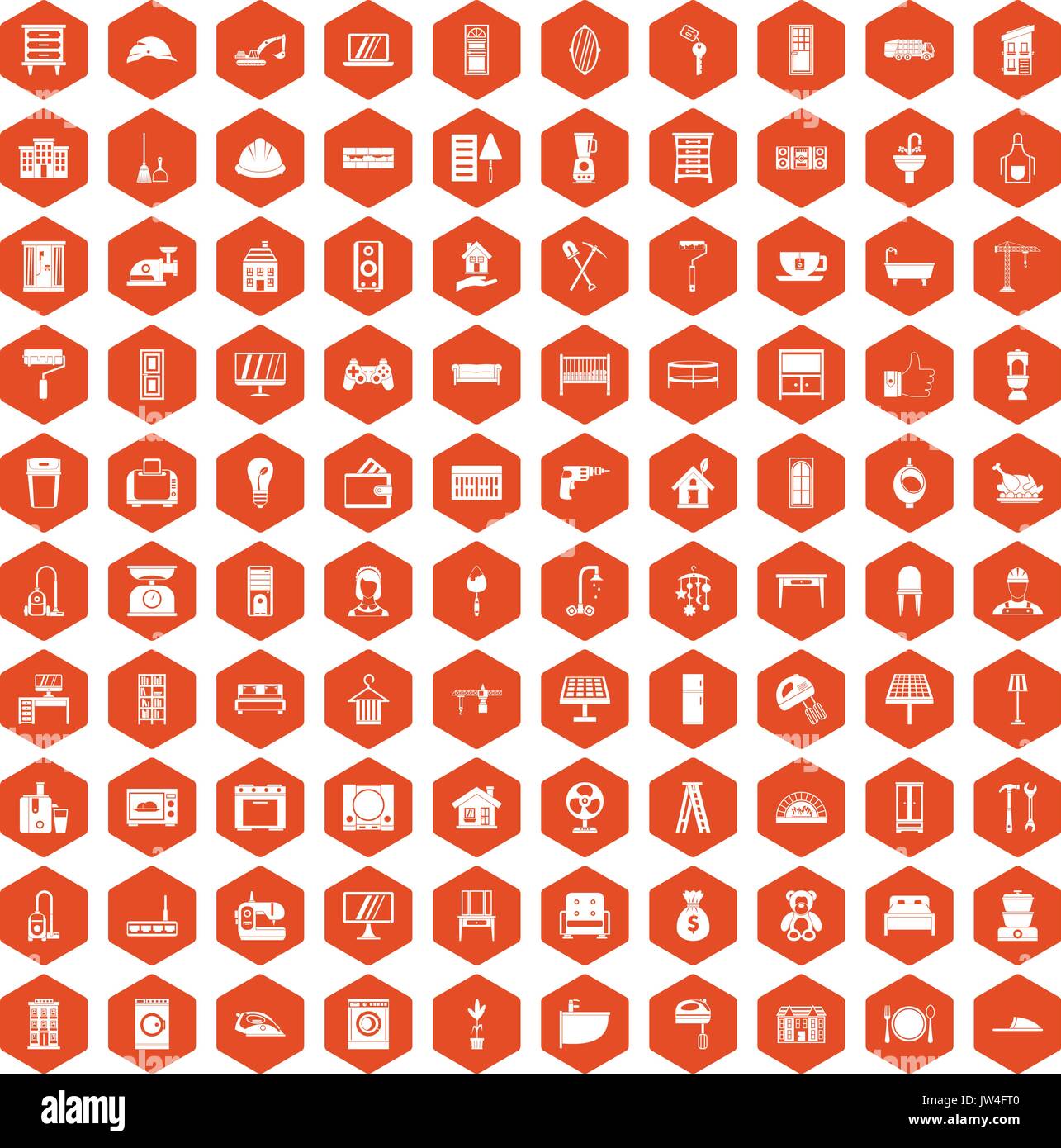 100 comfortable house icons hexagon orange Stock Vector