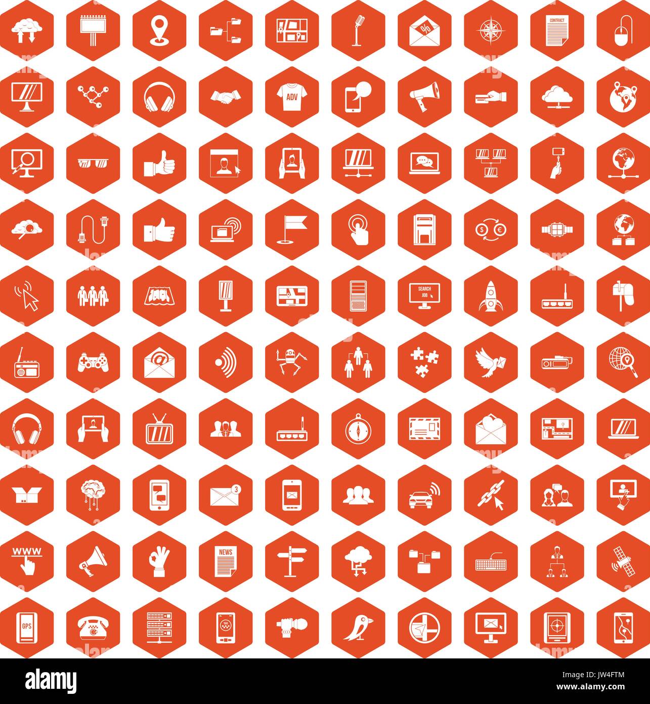 100 communication icons hexagon orange Stock Vector