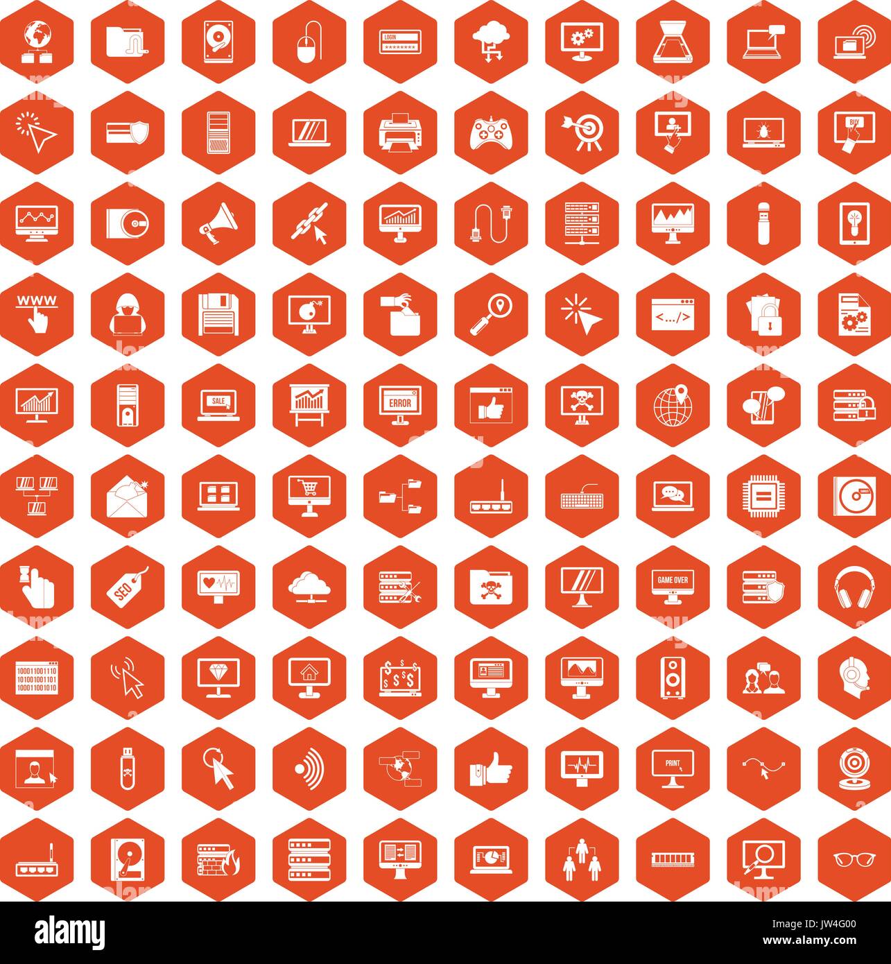100 computer icons hexagon orange Stock Vector