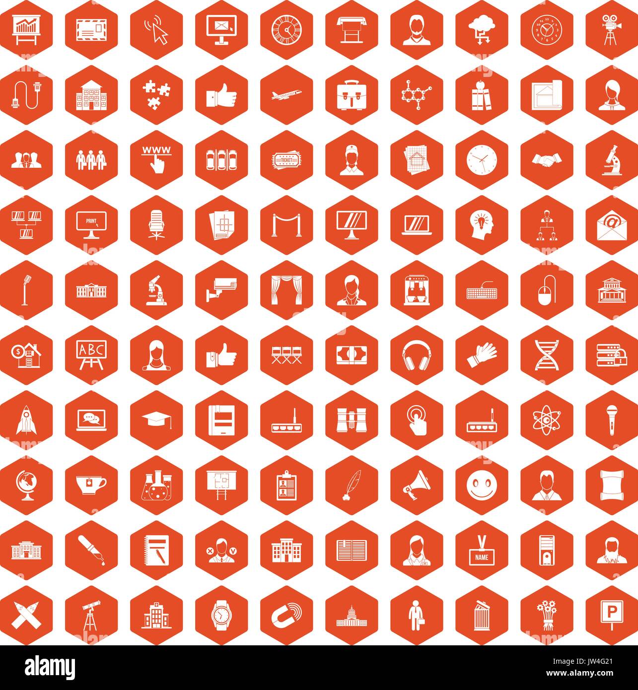 100 conference icons hexagon orange Stock Vector